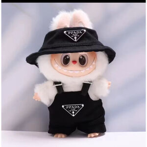 Labubu Black Denim Overalls and Bucket Hat Outfit - Brand New